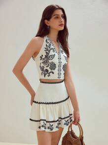 MOTF STUDIO LINEN EMBROIDERED HALTER NECK CAMISOLE - Apricot - View 1