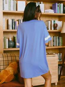 Women Letter Print Round Neck Drop Shoulder Casual Nightgown - Blue - View 2