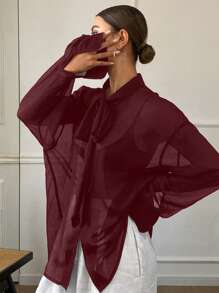 Livesso Women's Loose Solid Chiffon Flowy Collar Long Sleeve Casual Summer Top Shirt,Fall Clothes - Burgundy - View 4