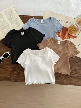 Set de 4 blusas de manga corta con volantes de canalé de unicolor casual y simple para niñas bebés