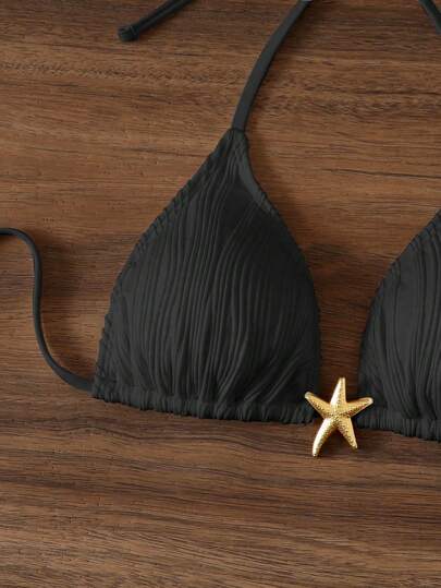 Swim Vcay Parte superior de traje de baño con cuello halter, espalda descubierta y cordones de encaje, color negro sólido, para vestir en la playa y resort