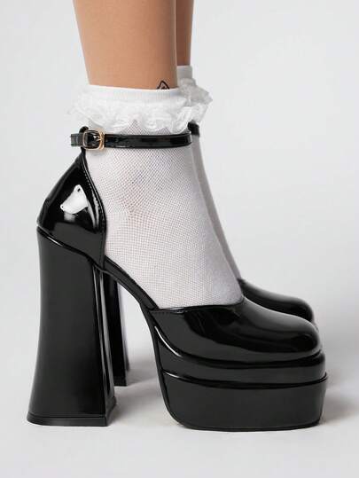 Goth Damen Schwarze geschlossene Zehe Absatzschuhe mit dickem Absatz, Knöchelriemen Partykleid Schuhe mit Plateau