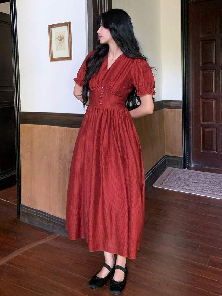 V-Neck Ruffle Hem Dress For Women, Summer Vacation Beach Backless Puff Sleeve Midi Dress Red Women Dresses