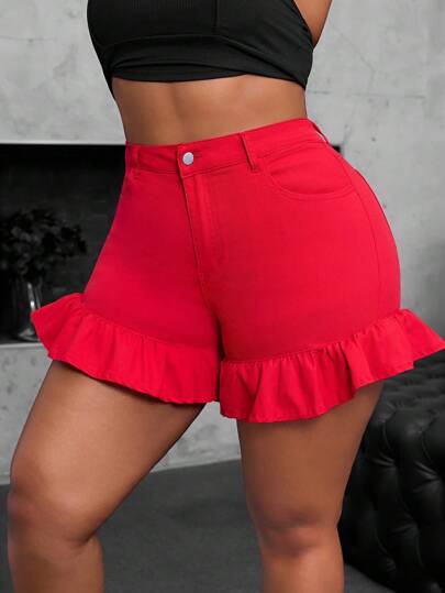 大码女式弹力时尚个性荷叶边下摆牛仔短裤，红色