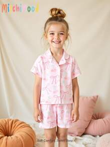 Young Girl' Colorful Unicorn Pattern Open Front Lapel Short Sleeve Shorts 2 Pieces Casual Pajama Set - Baby Pink - View 1