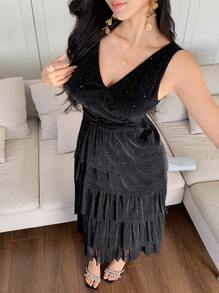 DAZY Vestido elegante de midi con cuello en V sin mangas y brillo para mujeres, para el verano
