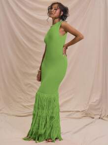 MUSERA Sleeveless Ribbed Maxi Dress Fray Hem Detail Summer Holiday Vacation Dress Ibiza Beach Fall Night Out Autumn Winter Date Night Nashville Chic Spring - Green - View 2