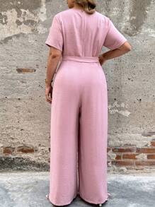 Flirla Plus Size Women's Woven Solid V-Neck Tie-Waist Short Sleeve Wide Leg Long Jumpsuit, Elegant Romantic Office Wear - Pink - View 2