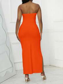 Zolique Split Thigh Tube Bodycon Orange Dress Maxi Women Outfit - Orange - View 2