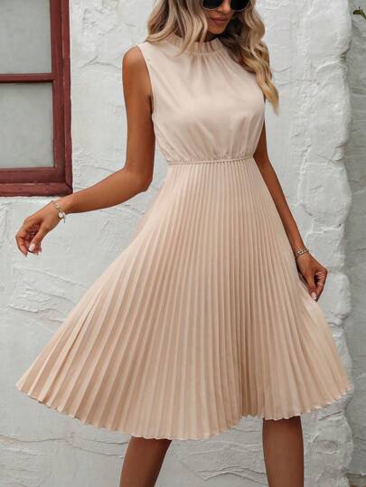 SHEIN PETITE Women Elegant Pleated Sleeveless Solid Color Dress, Summer