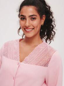 LUVLETTE Soft 100% Pure Cotton Pink Lace Trim Button-Up Top & Pants Loungewear Pajama Set Pants With Pockets Bridal Intimates Fall Pajamas Clothes,Spring And Summer - Baby Pink - View 3