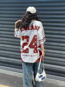 Coolane Women's Spring And Summer For Festival And Going Out Vintage Y2K Number Pattern Graphics Baseball White And Red Jersey T-Shirt