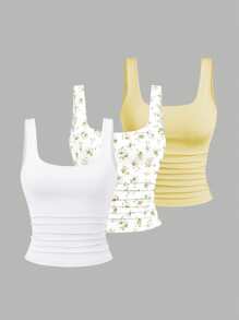 Sweetra Women's Casual Ruched Square Neck Camisole Tank Top, Summer