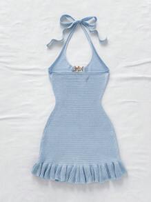 Soleia 女士度假苔绿色露背系带镂空荷叶边下摆迷你针织连衣裙，配有金属扣装饰 - 淺藍色 - 查看 2