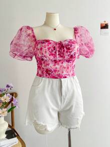 Soleia 大碼印花前打結短款T恤 - 彩色 - 查看 6