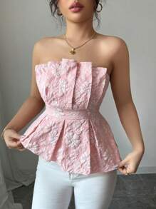 Rafferiza 女士优雅花卉抹胸不对称下摆上衣 - 粉色 - 查看 4