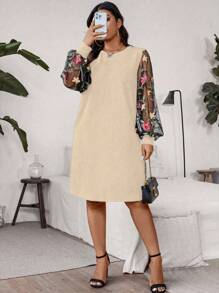SHEIN Plus Size Mesh Long Sleeve Dress, Fashion Summer Wear - Apricot - View 4