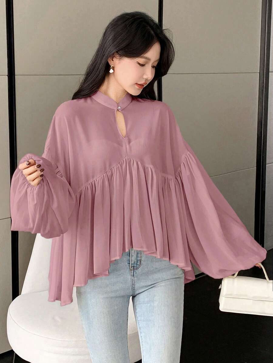 DAZY 休闲夏季纯色立领长袖百褶女式衬衫