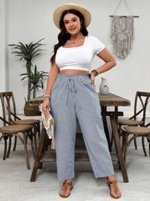 SHEIN VCAY Plus Size Vacation & White Striped Ruffle Waist Wide Leg 7/8 Length Casual Boho Pants Summer Pants,Business Casual Woman - Blue and White - View 3