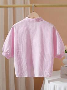 SHEIN 1 件女童条纹纹理面料蝙蝠翼短袖衬衫，休闲春夏假日风格 - 粉色 - 查看 2