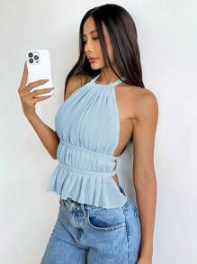 SHEIN EZwear 褶皱圆领收腰露背夏季休闲度假背心 - 藍色 - 查看 4