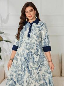 Lacomfia Vestido de talla grande con estampado de bloque de color y cuello de camisa - Azul - Ver 6