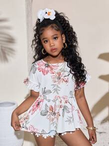 SHEIN Blusa con volantes y manga abullonada con estampado tropical para niña preadolescente