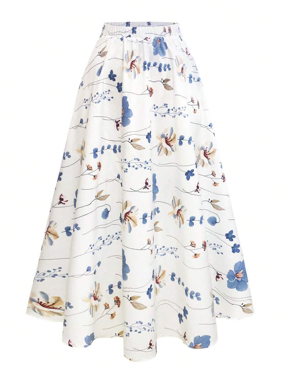 SHEIN Clasi 大码女式花卉印花 A 字裙，休闲夏日度假风格，蓝色 - 彩色 - 查看 1