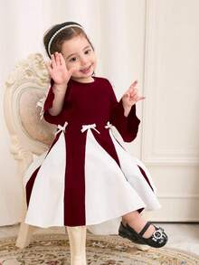 Baby Girl Bowknot Decor Contrast Color Round Neck Flare Sleeve Dress Fall Winter - Burgundy - View 7