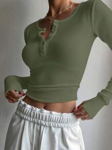 DAZY Maglietta a maniche lunghe aderente con bottoni frontali, di colore unito, adatta per l'autunno, il ritorno a scuola, abbigliamento autunnale da donna con fodera termica - Verde - Visualizzare 2