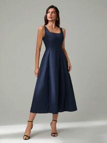 SHEIN Tall 女式仿牛仔修身款露背无袖麻花针织毛衣裙 - 藍色 - 查看 4