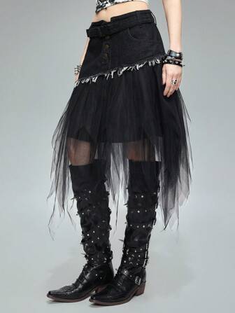 Grunge Punk Damen einfarbiger Mesh-Patchwork-Minirock mit asymmetrischem Saum, inspiriert vom Goth-Stil