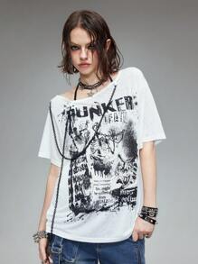 ROMWE Grunge Punk 朋克骷髅轮廓印花透视斜肩宽松竹纤维女式T恤 - 白色 - 查看 9