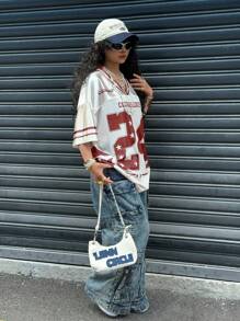 Coolane Women's Spring And Summer For Festival And Going Out Vintage Y2K Number Pattern Graphics Baseball White And Red Jersey T-Shirt