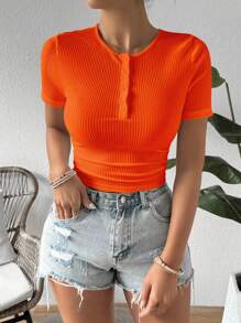 Breezaya Women's Solid Color Button Half-Placket Short Sleeve Casual T-Shirt - Orange - View 5