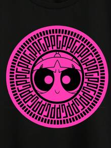 THE POWERPUFF GIRLS X SHEIN Camiseta de manga corta y cuello redondo informal con estampado de flores de dibujos animados para niña preadolescente, verano