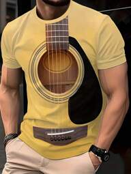 Manfinity Homme Camiseta casual de cuello redondo de manga corta con estampado de guitarra para hombre, versátil