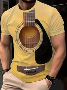 Manfinity Homme Men's Guitar Print Short Sleeve Casual Crew Neck T-Shirt, Versatile  Yellow Top Men - Multicolor - View 1