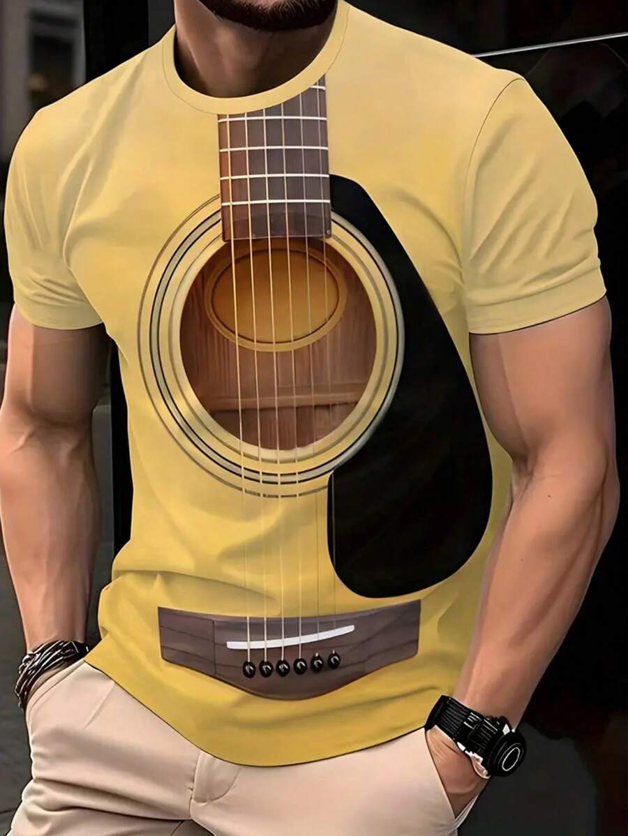 Manfinity Homme Men's Guitar Print Short Sleeve Casual Crew Neck T-Shirt, Versatile  Yellow Top Men - Multicolor - View 1