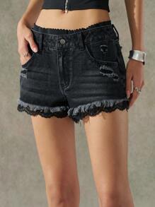 LYSMO Women's Solid Color Lace Splice Fringed Hem Sexy Denim Shorts - Black - View 3