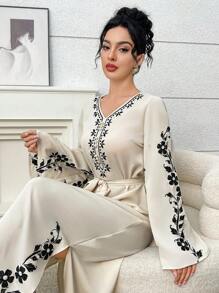 Al Najma Elegancka sukienka damska z haftem kwiatowym w stylu arabskim