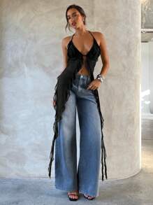 Aloruh 夏季性感波西米亚风荷叶边印花露背吊带上衣，适合锐舞派对、锐舞节等各种场合，是女士夏季的理想之选。 - 黑色 - 查看 5