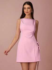 Enchnt Spring/Summer Romantic Women's Pink Side Bowknot Decor Boat Neck Sleeveless Cute Mini Dress,Sweet&Elegant For Vacation&Date&Holiday&Party&Graduation&Wedding Guest,Prom Dress,Summer Dresses For Women,Sun Dresses For Women,Summer Clothes