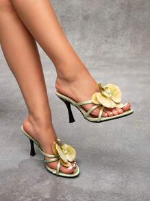 CUCCOO SZL Fashionable Light Green 3D Orchid Decor Stiletto High Yellow Heel Sandals, Suitable For Vacation & Party For Christmas - Olive Green - View 2