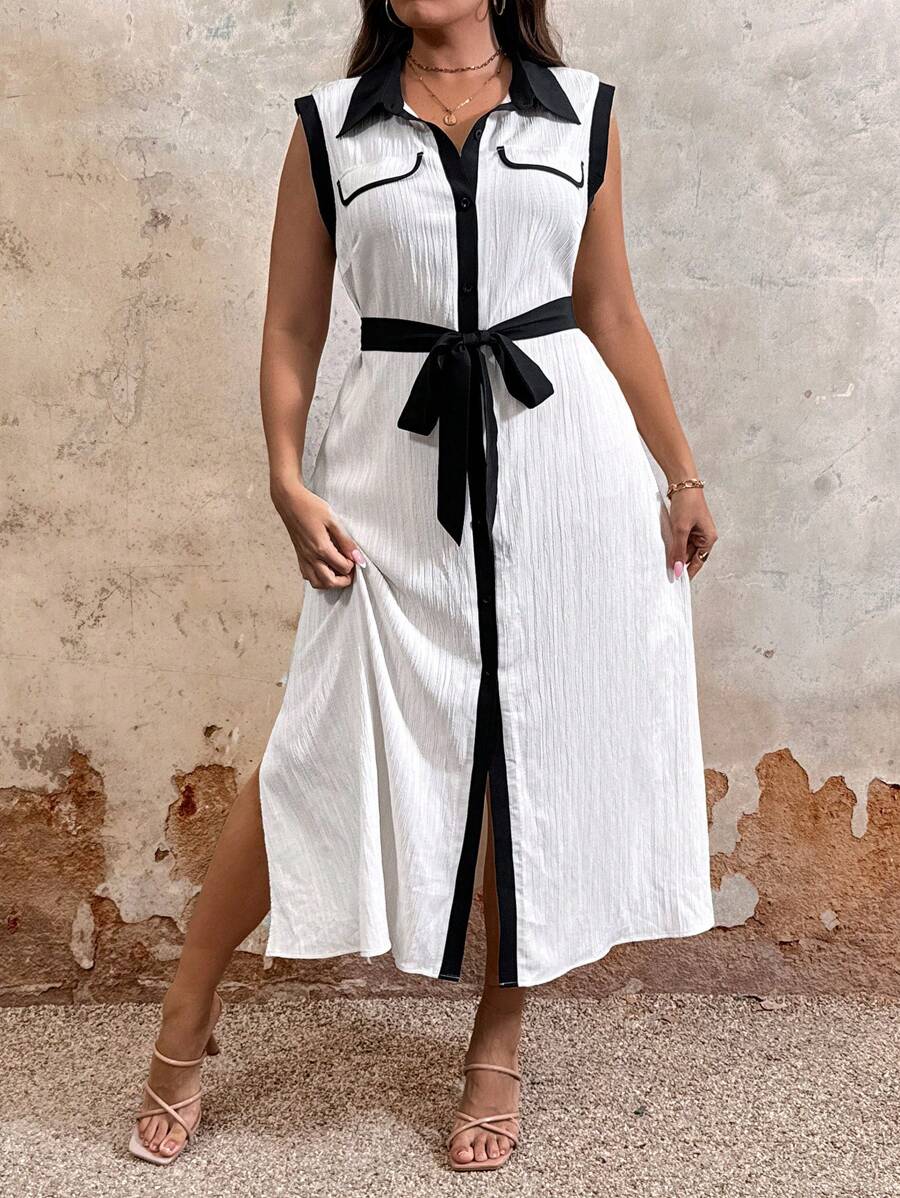 EMERY ROSE 大码女式休闲假日 H 型领无袖前开衩黑色撞色卡其色中长连衣裙 - 卡其色 - 查看 1