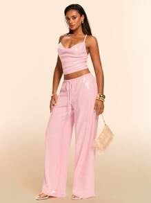 SHEIN BAE Women's Solid Color Sequin Ruffle Hem Camisole - Pink - View 6