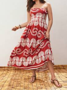 Maija Damen Große Größen Urlaubskleid mit ganzflächigem Muster, trägerloses Kleid mit gerüschtem Saum, elegantes Design