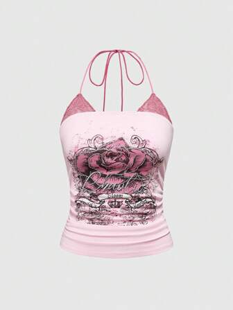 J-Fashion 2 Stücke/Set Y2K Rose Muster Strass & Spitze Volant Träger Rückenfreie Crop Top