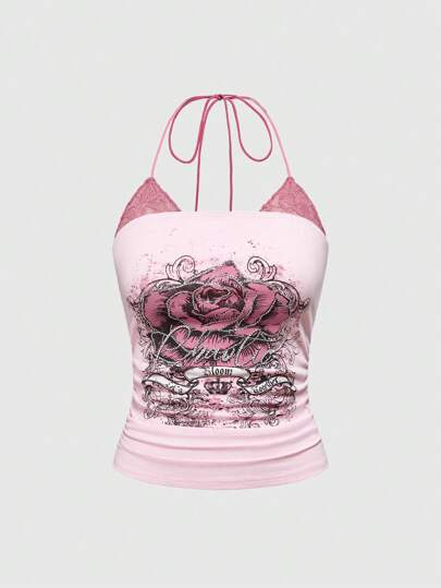 J-Fashion Set de 2 piezas Top corto con escote halter, espalda descubierta, volantes y adornos de strass con estampado de rosa, estilo Y2K