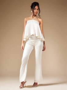 MISSGUIDED Elegant Halter Neckline A-Line Wedding Resort Flowy Occasion Bridesmaid Reception Bridal Draped Evening Gathering Garment